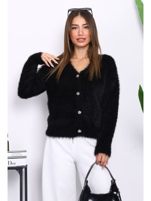 Siyah Düğmeli Kısa Angora Yumoş Triko Hırka