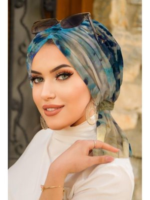 Turkuaz Batik Desen Tül Tokalı Bone