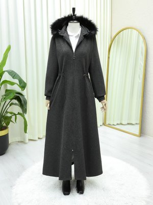 Antrasit Kapüşonlu Beli Lastikli Cepli Kaşe Kaban