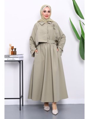 Haki Bel Lastikli Kemerli Trenç