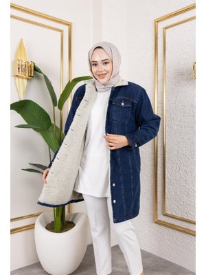 Cepli Düğmeli İçi Kürklü Uzun Lacivert Kot Ceket
