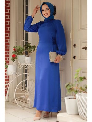 Bağcık Detaylı Sax Mavisi Saten Abiye Elbise 5948sx