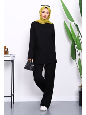 Siyah Yandan Kuşak Bağlamalı Pantolonlu Takım