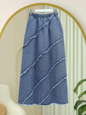 Mavi Püskül Detaylı Beli Lastikli Kot Etek