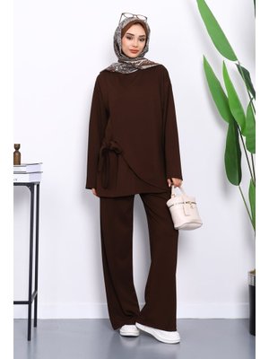 Kahverengi Yandan Kuşak Bağlamalı Pantolonlu Takım