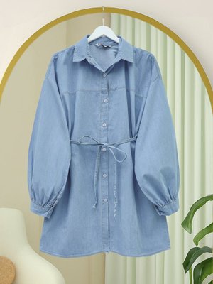Açık Mavi Düğmeli Beli Bağcıklı Kot Gömlek