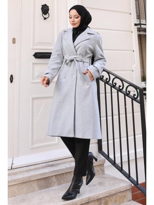 Gri Kuşaklı Kaşe Kaban