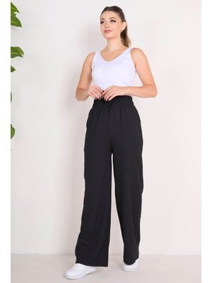 Siyah Sıyah Beli Lastikli Pantolon