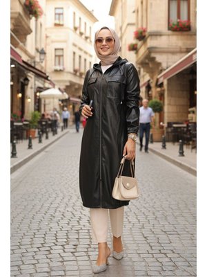 Kapüşonlu Siyah Deri Kap 1503s