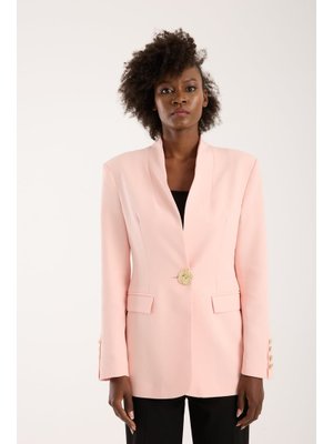 Pembe Salaş Kesim Düğme Detaylı Dokuma Blazer Ceket
