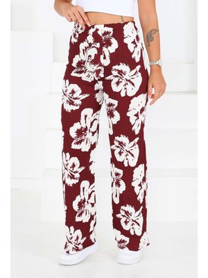 Bordo Desenli Beli Lastikli Bürümcük Pantolon Bordo Desenli Beli Lastikli Bürümcük Pantolon