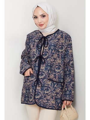 Lacivert Etnik Desen Bağlamalı Kapitone Ceket