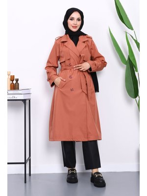 Pudra Kravuze Yaka Bel Kemerli Düğmeli Trençkot Pudra Kravuze Yaka Bel Kemerli Düğmeli Trençkot