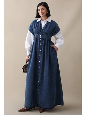 V Yaka Koyu Mavi Kot Elbise