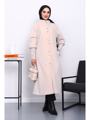 Krem Düğmeli Angora Kaşe Kaban