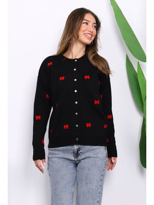 Siyah Fiyonk Nakışlı Triko Hırka