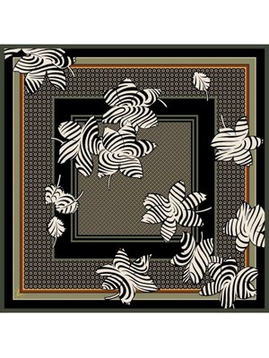 Çiçekli Desen İtalyan Şifon Seri Eşarp Askısı İle Birlikte 90x90 Cm Siyah Haki Yeşil