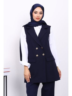 Lacivert Düğmeli Cepli Yelek