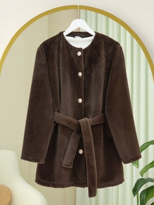 Toprak Düğmeli Beli Bağlamalı Kürklü Ceket