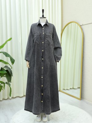 Füme Boydan Düğmeli Kolu Lastikli Cepli Kot Elbise Füme Boydan Düğmeli Kolu Lastikli Cepli Kot Elbise