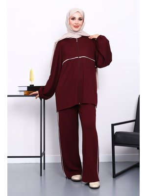 Mürdüm Fermuarlı Sweat Pantolonlu Modal Takım