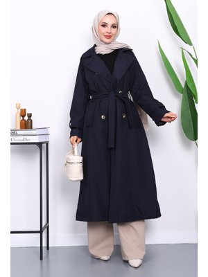 Lacivert Kravuze Yaka Kuşaklı Astarlı Trençkot