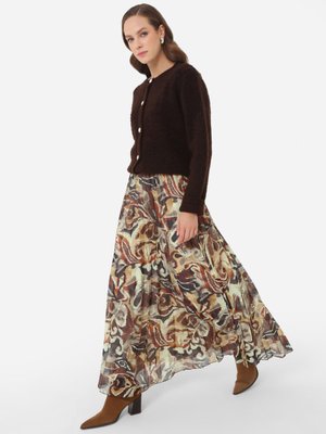 Kahverengi Çiçek Desenli Beli Lastikli Etek