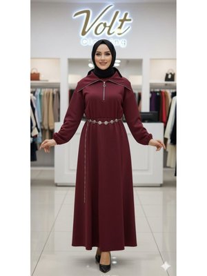 Bordo Kemer Aksesuar Detaylı Elbise Bordo Kemer Aksesuar Detaylı Elbise