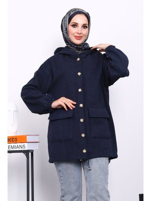 Lacivert Kapüşonlu Düğmeli Kaşe Ceket
