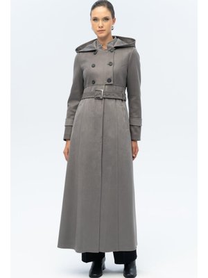 Gri Kapüşonlu Garni Detaylı Süet Görünümlü Pardesü