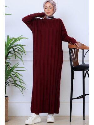 Bordo Kendinden Çizgili Triko Elbise