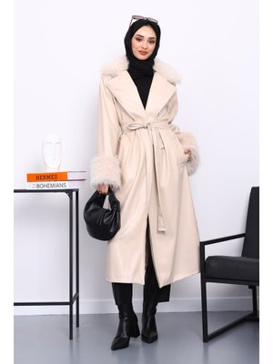 Bej Kol Yaka Kürklü Deri Trençkot