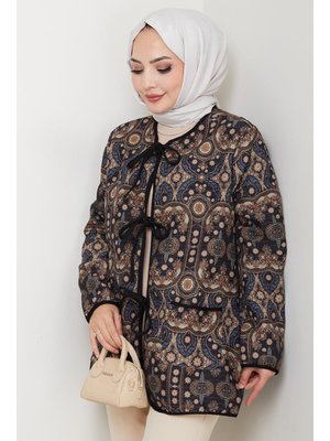 Siyah Etnik Desen Bağlamalı Kapitone Ceket