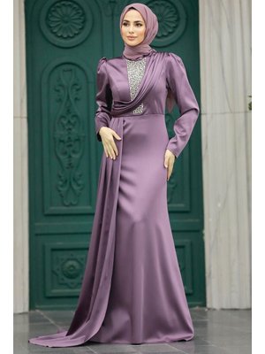 Kuyruklu Gül Kurusu Saten Abiye Elbise 22891gk