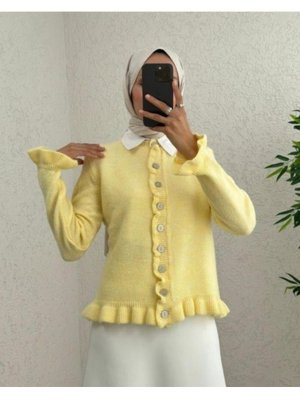 Açık Sarı Düğmeli Önü Ve Eteği Fırfırlı Hırka