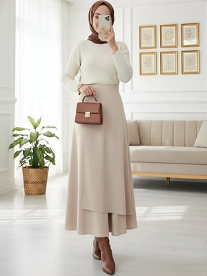 Bej Önü Çapraz Çift Katlı Scuba Etek Bej Önü Çapraz Çift Katlı Scuba Etek