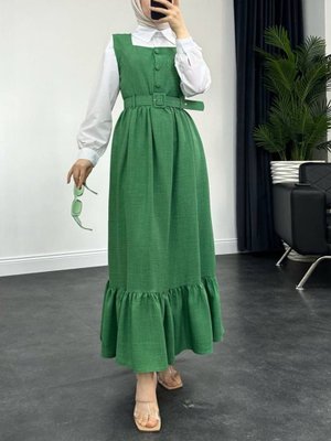 Yeşil Top Düğmeli Altı Fırfırlı Beli Kemerli Jile Elbise Yeşil Top Düğmeli Altı Fırfırlı Beli Kemerli Jile Elbise