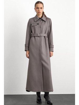 Gri Gömlek Yaka Çıt Ve Deri Detaylı Gabardin Süet Pardesü