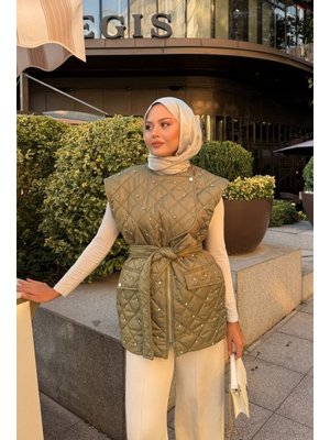 Taş Detaylı Kapitone Yelek Haki Yeşil