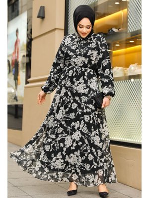 Çiçek Desenli Siyah Elbise 50352s