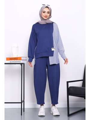 Lacivert Garnili Tunik Pantolonlu Çizgili Takım