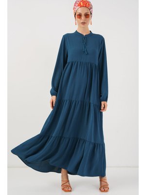 Petrol Yaka Bağcıklı Elbise