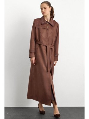 Gömlek Yaka İşleme Detaylı Süet Görünümlü Büyük Beden Pardesü Kahve