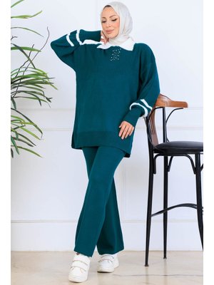 Zümrüt Yeşili Taş İşlemeli Triko Takım