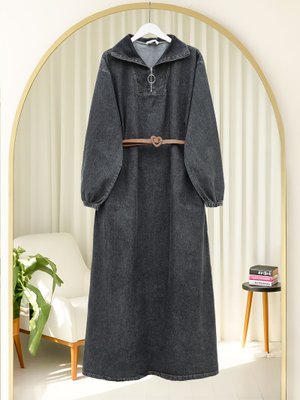 Füme Yarım Boğazlı Fermuarlı Cepli Kot Elbise