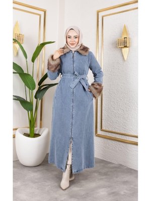 Kürk Detaylı Kuşaklı Astarlı Mavi Kap