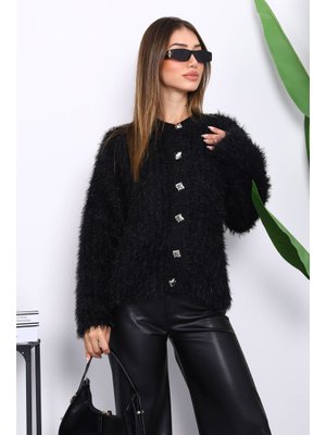 Siyah Düğmeli Simli Angora Yumoş Triko Hırka