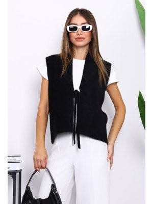 Siyah Ön Bağlamalı Kısa Angora Yumoş Yelek