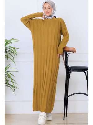 Yağ Yeşili Kendinden Çizgili Triko Elbise