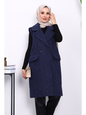 Lacivert Kruvaze Yaka Astarlı Kaşe Yelek